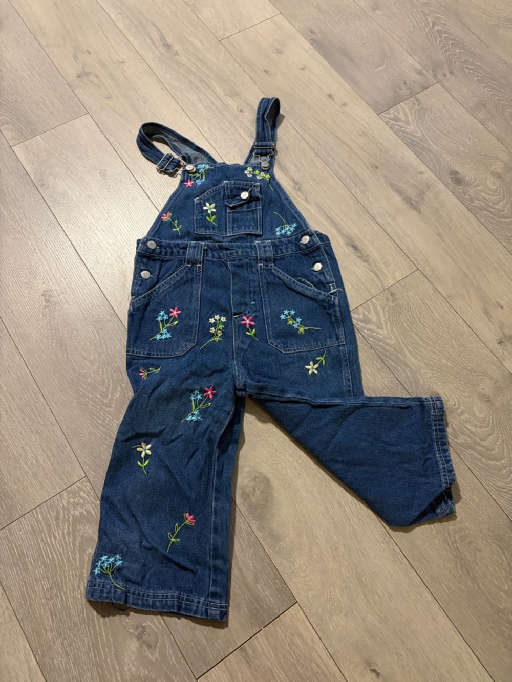 Young Heart Girls Dark Blue Embroidered Denim Overalls